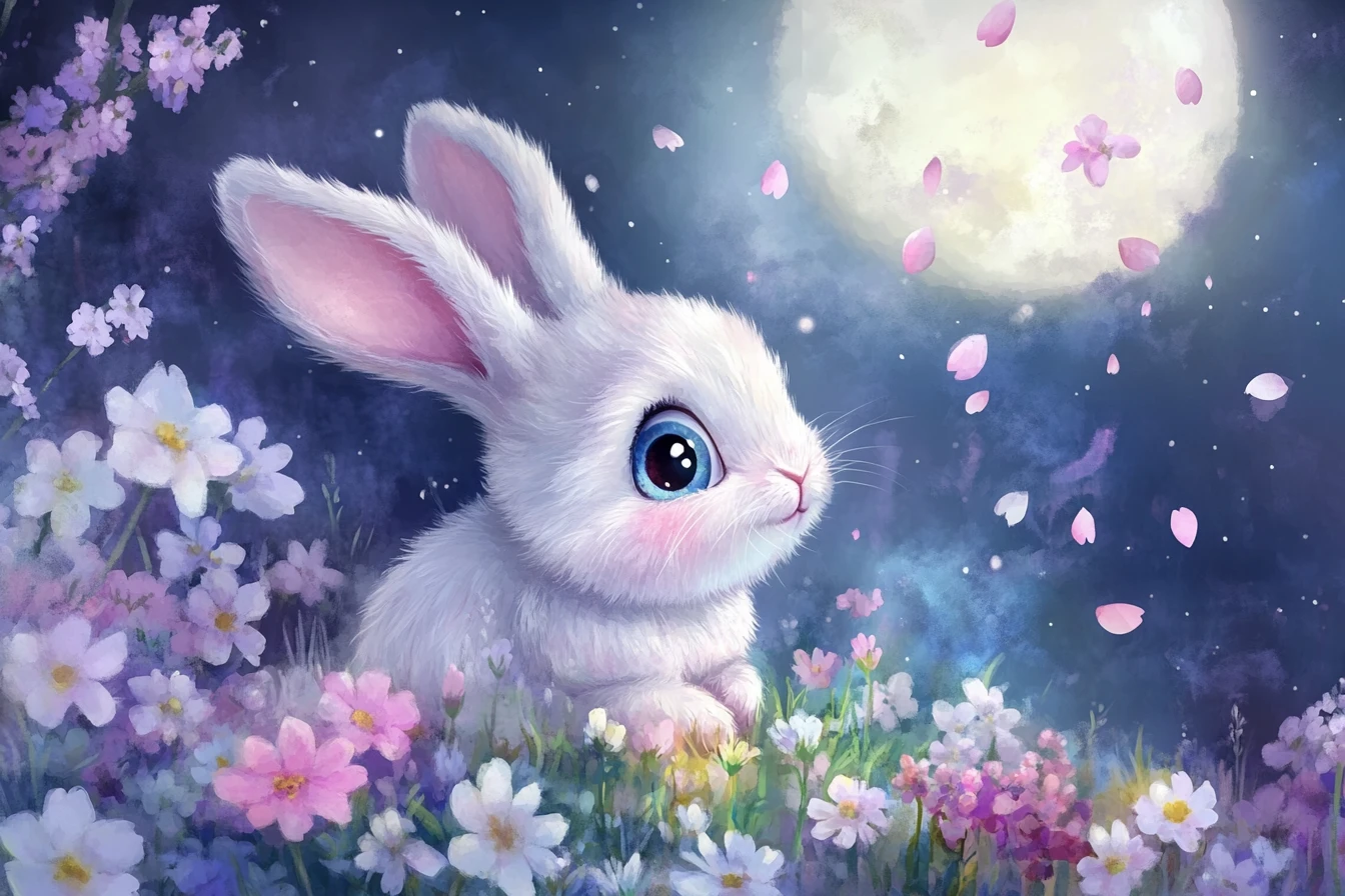 Baby rabbit among pastel flowers in a moonlit meadow
