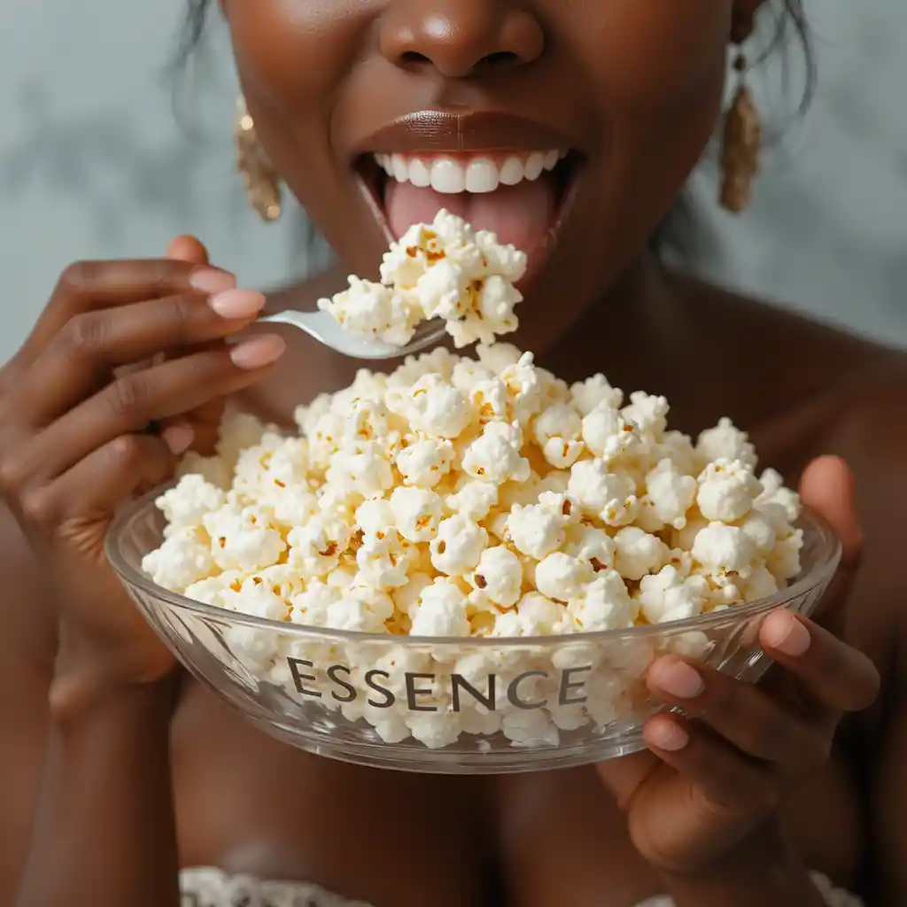 Beautiful Nigerian Woman Eating Popcorn From Glass Plate
