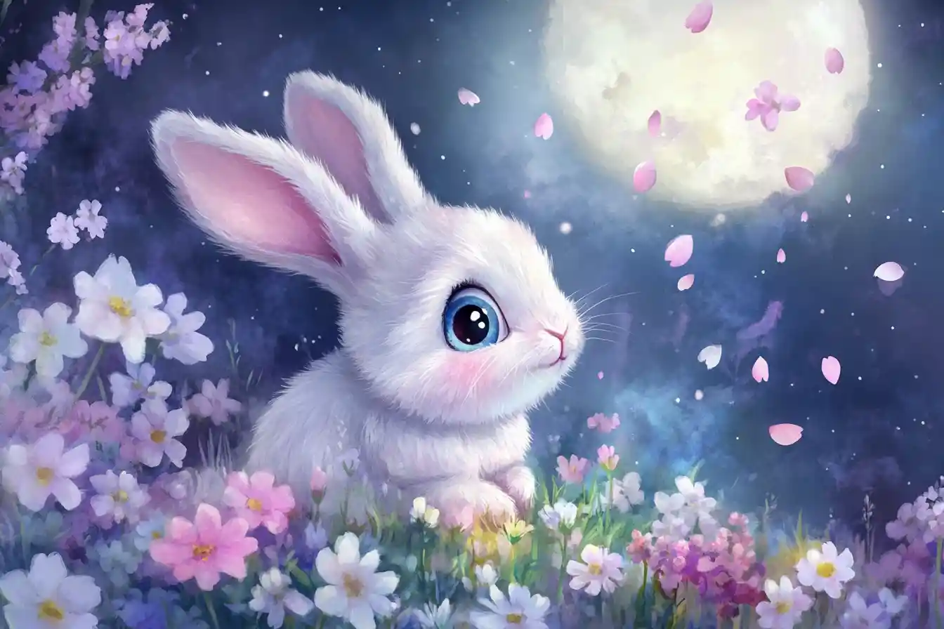 Baby rabbit among pastel flowers in a moonlit meadow