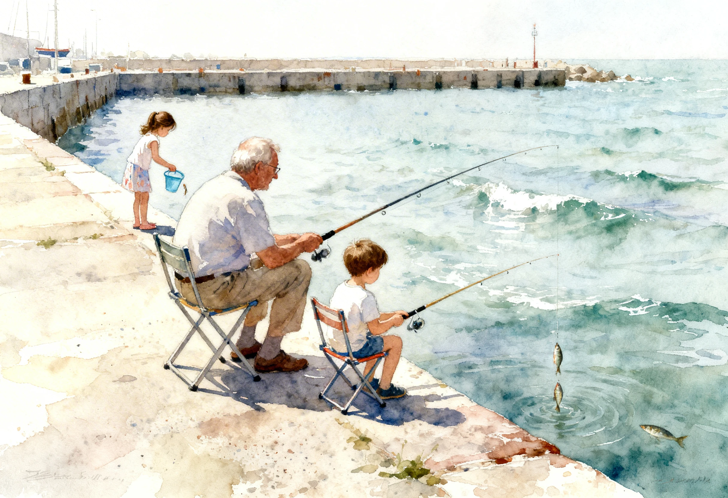 Grandfather and grandchildren fishing together at the harbor