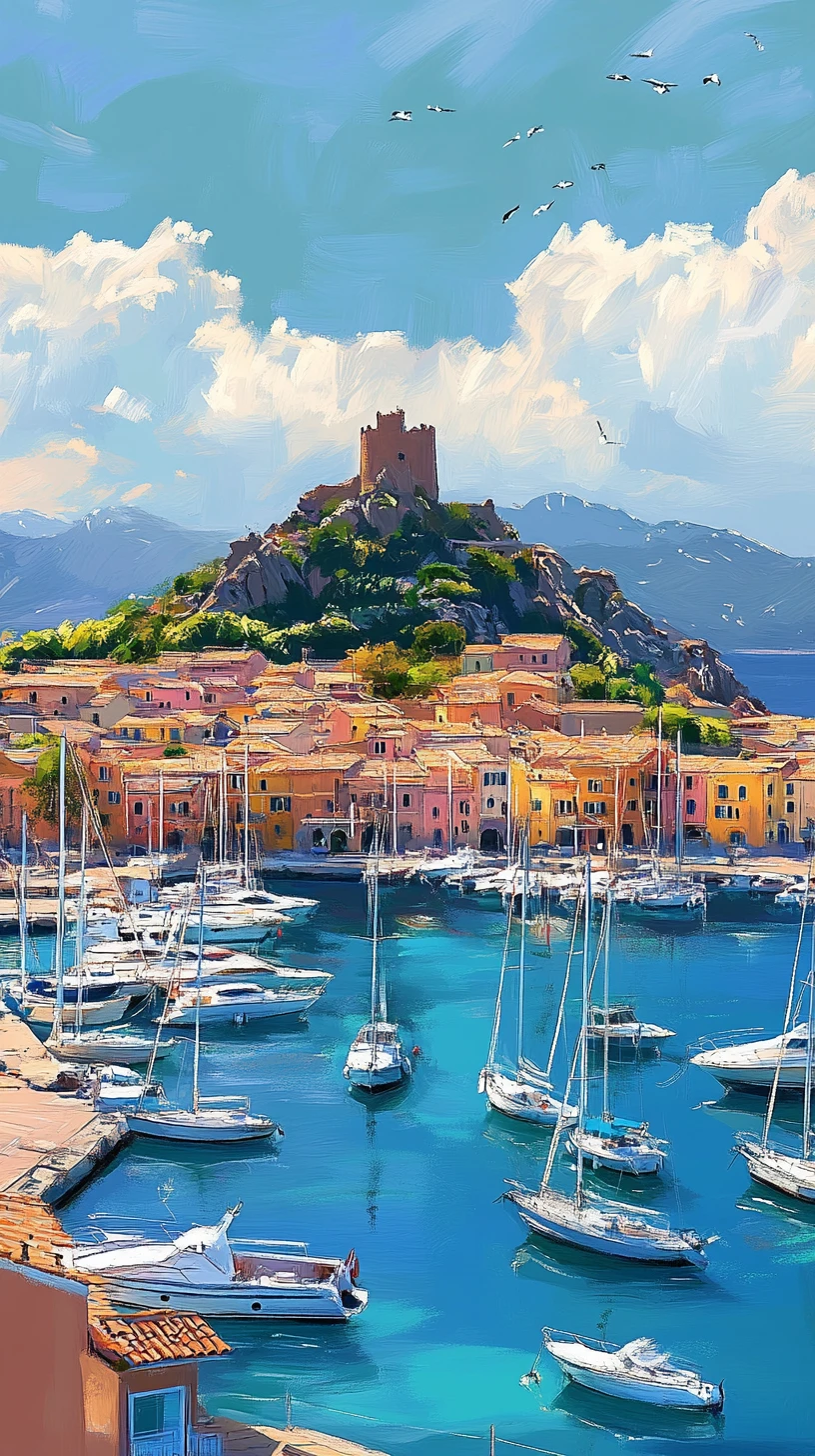 Mediterranean harbor town with marina and hillside fortress
