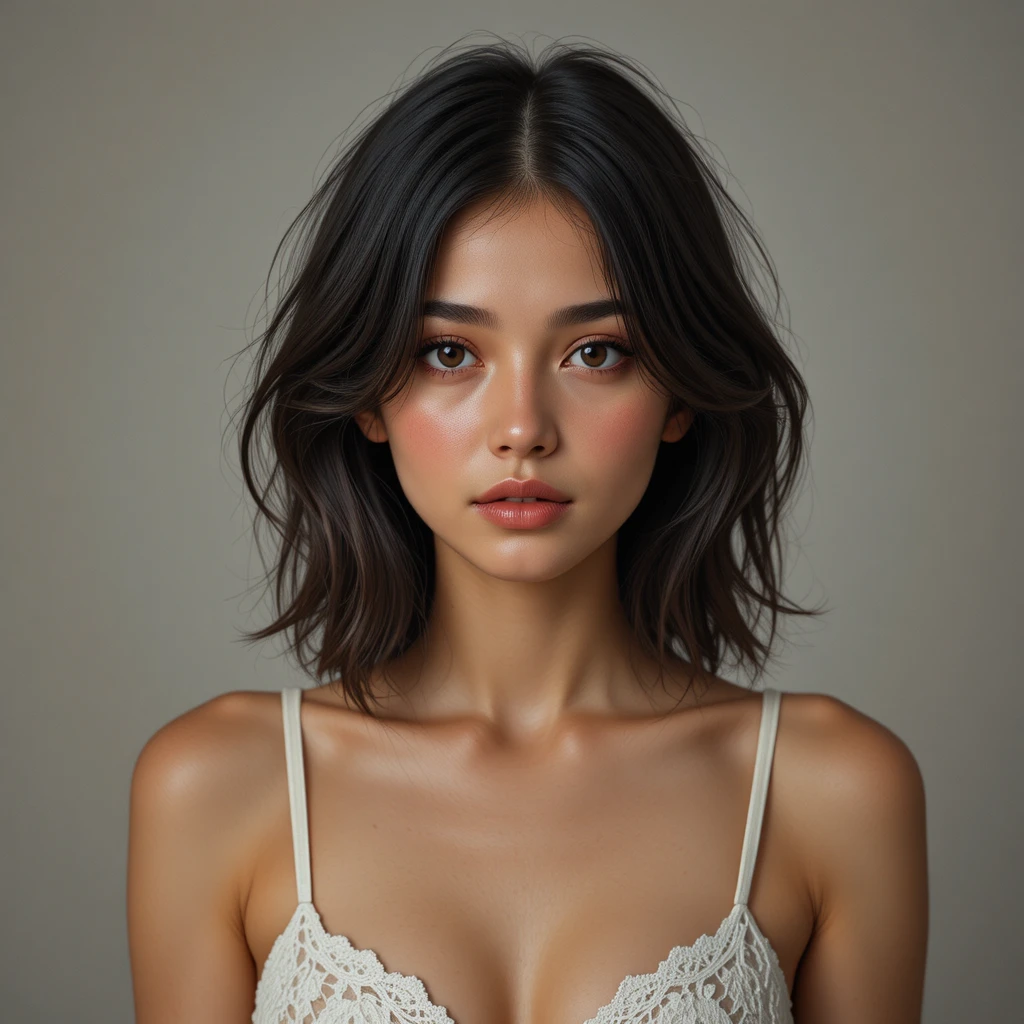 Calm portrait of a young woman in white lace camisole