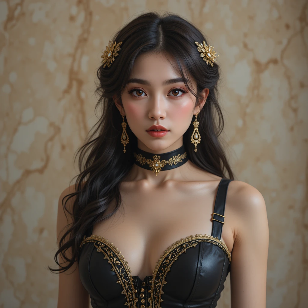 Portrait élégant d’une femme d’Asie de l’Est en corset noir