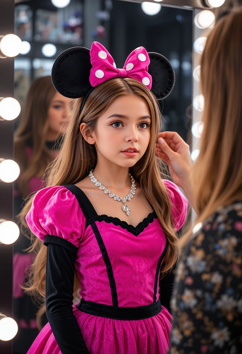 Niño con vestido rosa de Minnie maquillándose en una boutique