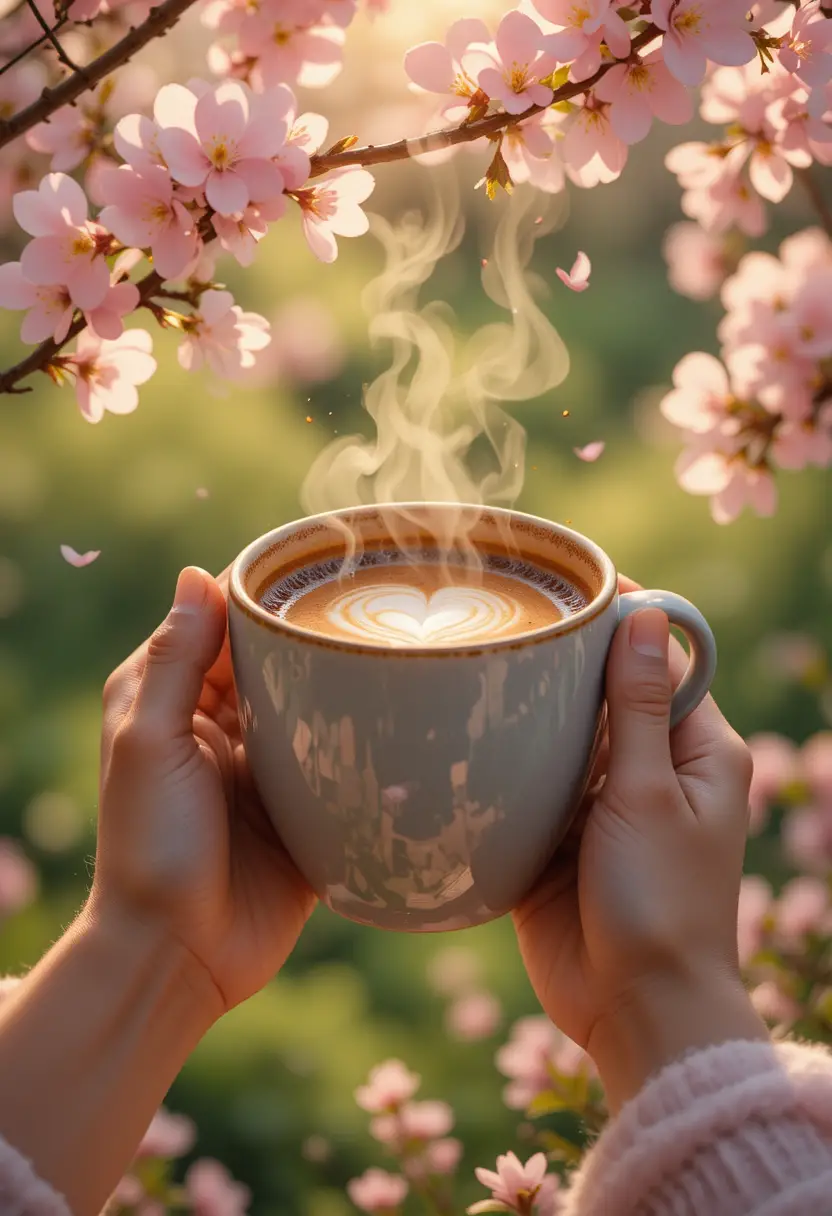 Hands Holding Steaming Coffee Under Spring Blossoms
