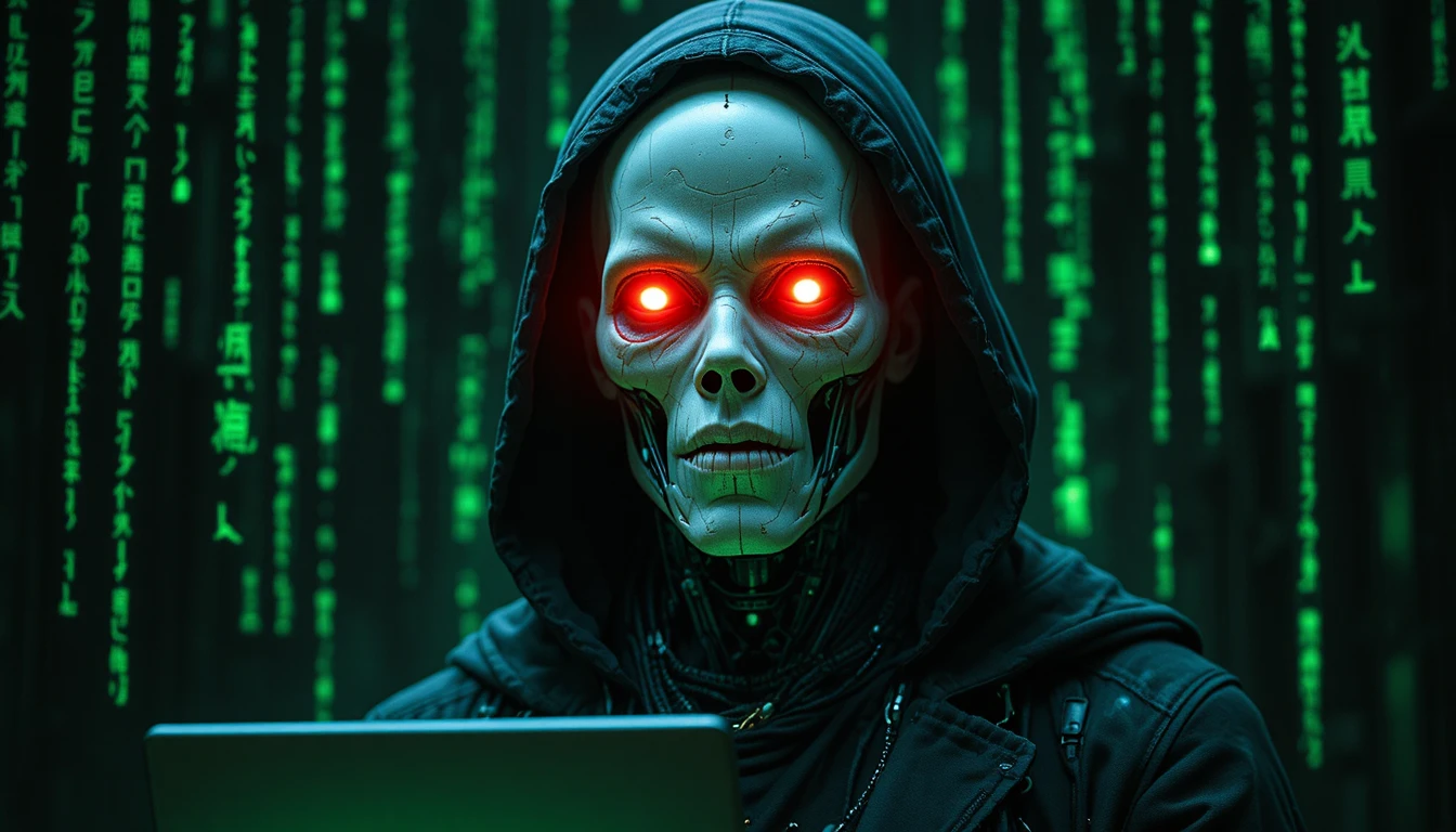 Hooded humanoid robot hacker with glowing red eyes