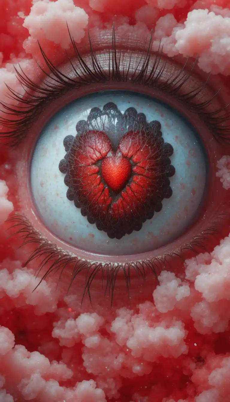 Primo piano di un grande occhio con il riflesso di un cuore rosso