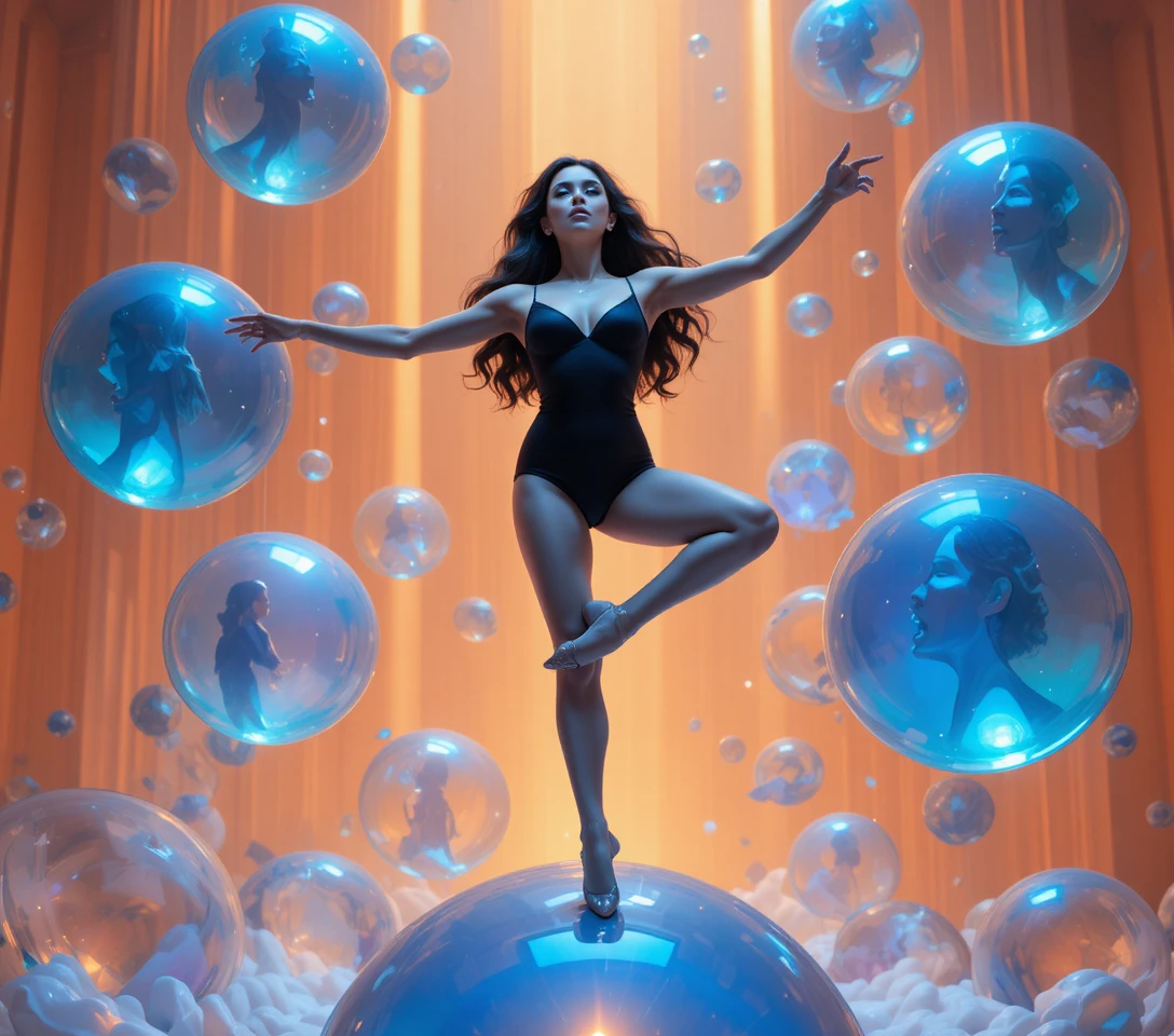 Athletic woman balancing on an iridescent sphere in motion