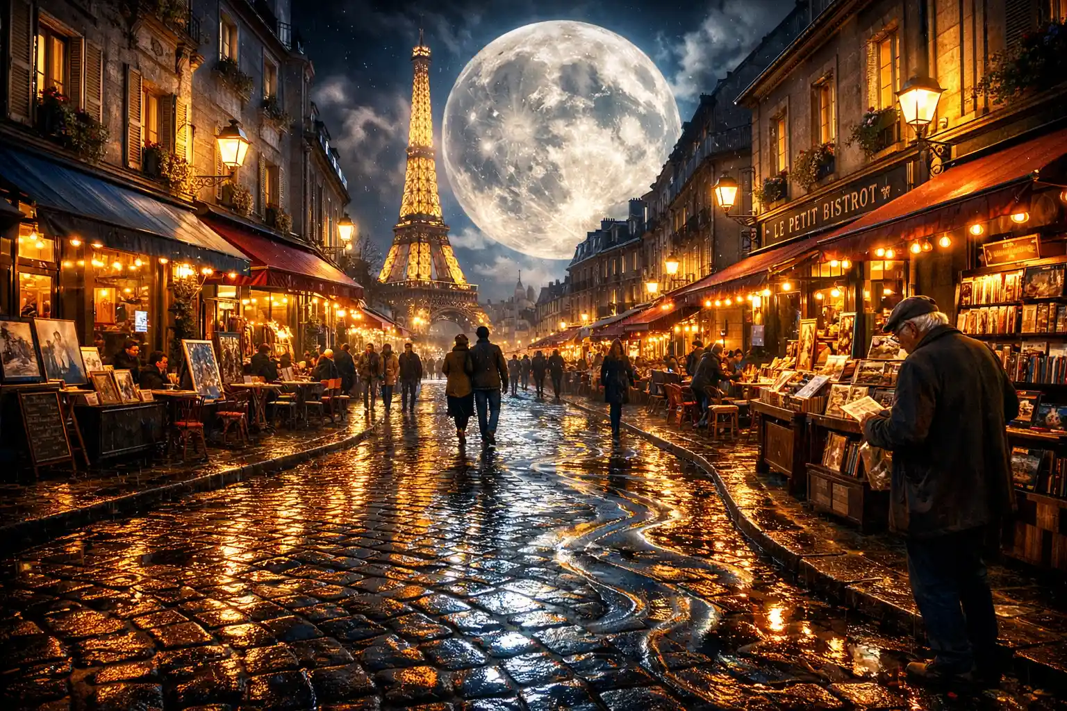 Surreal Parisian street under full moon with eiffel tower
