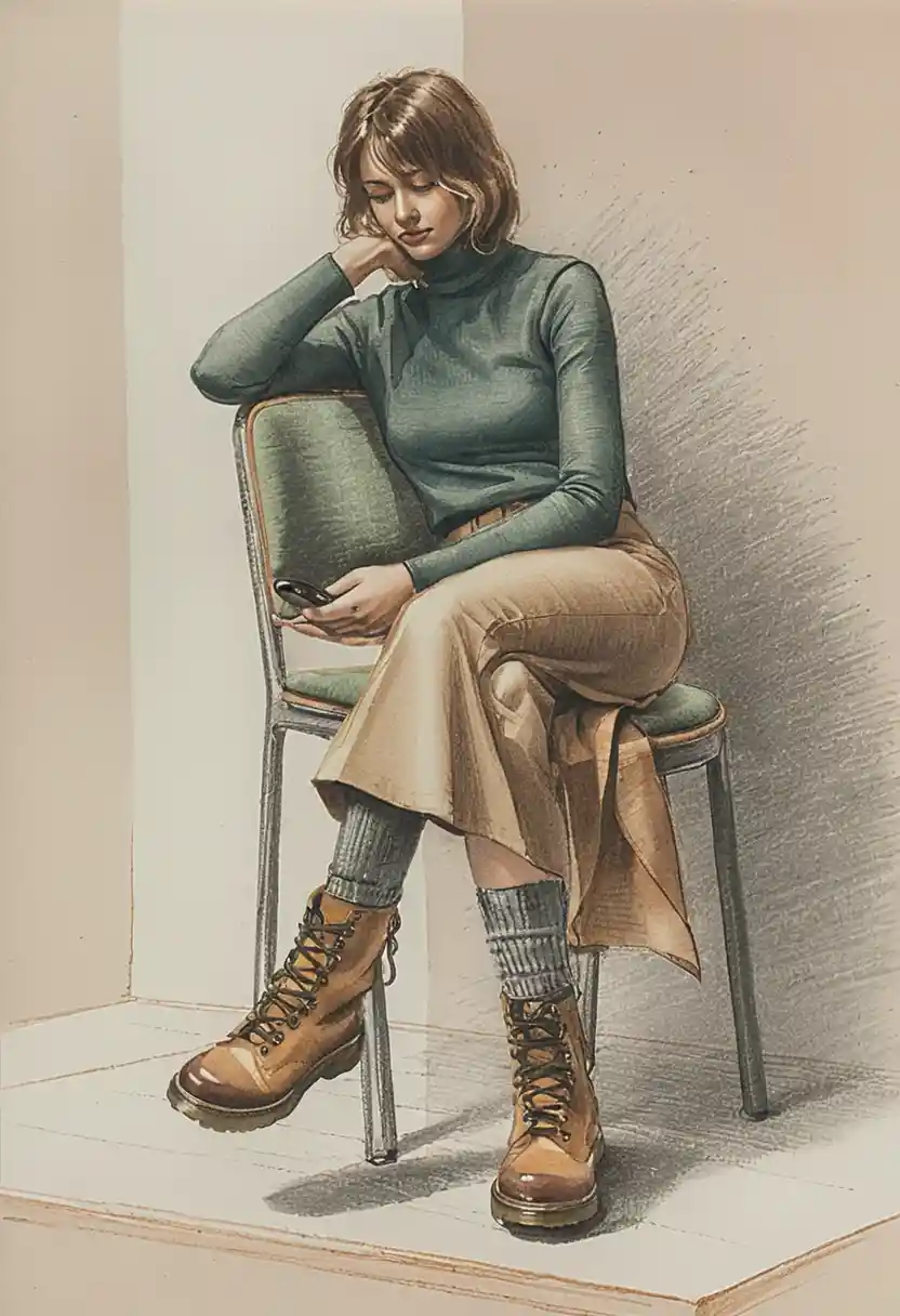 Femme pensive sur un tabouret avec smartphone en dessin au crayon