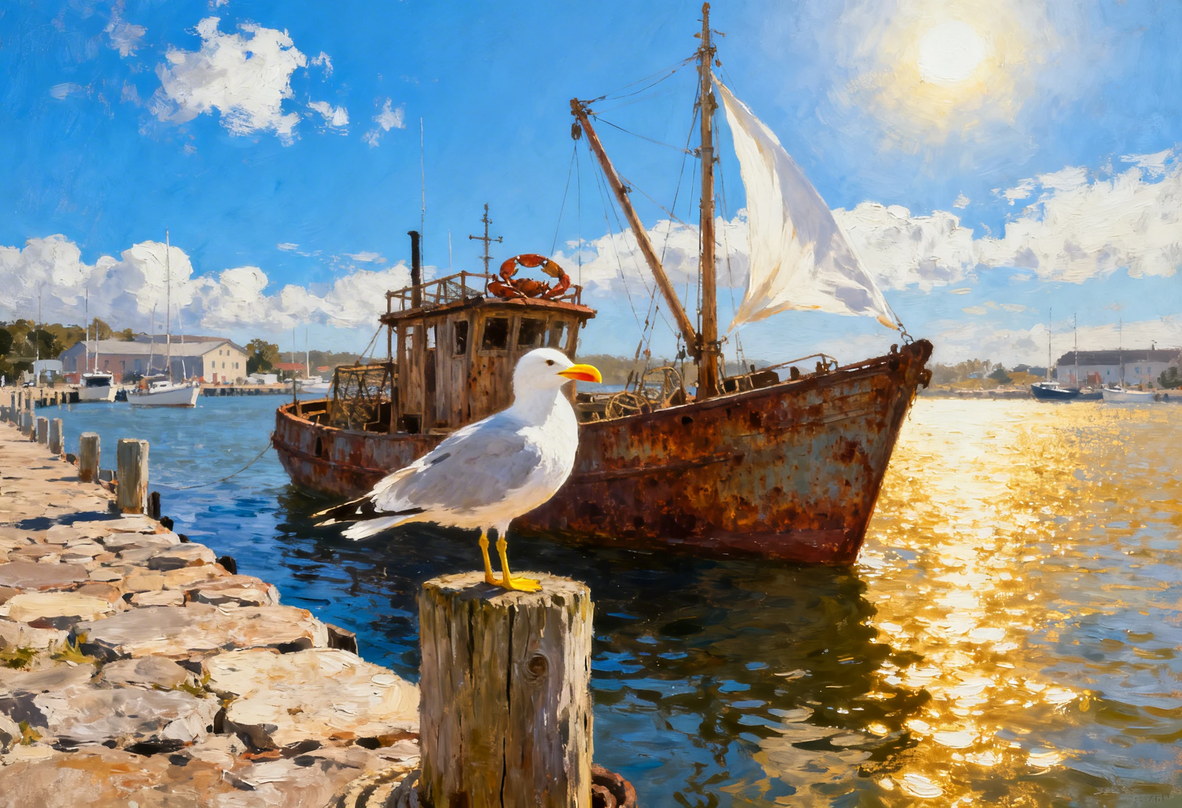 Seagull on wooden post before vintage fishing boat harbor