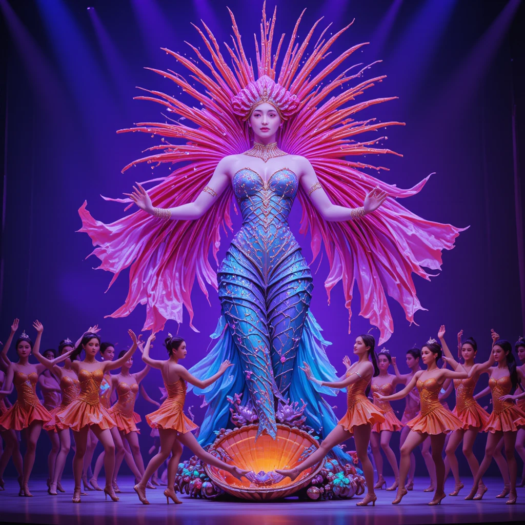 Colorful dancers performing beside a giant mermaid float