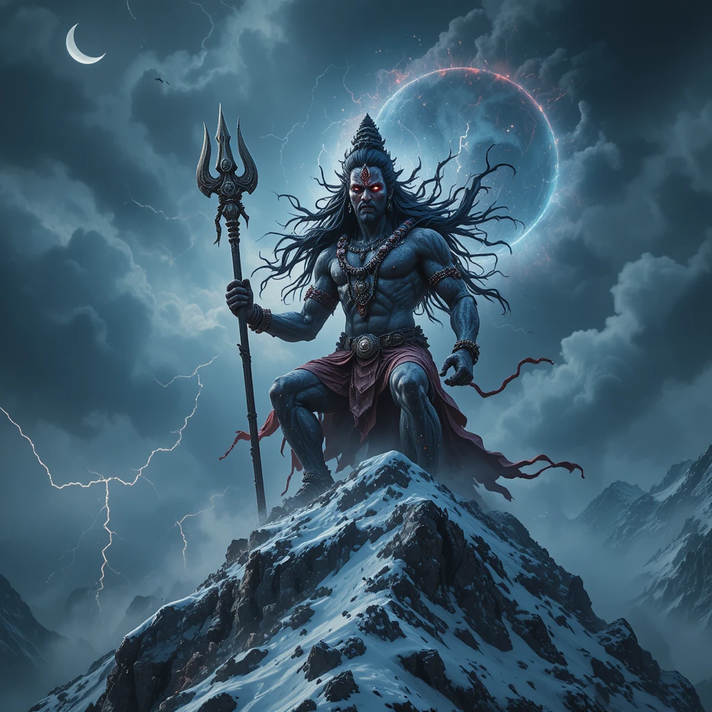 Fierce deity on a snowy Himalayan mountain summit