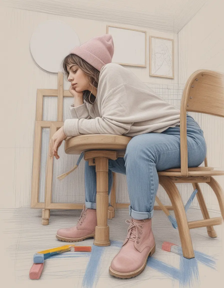 Tired young woman slumped across two office chairs