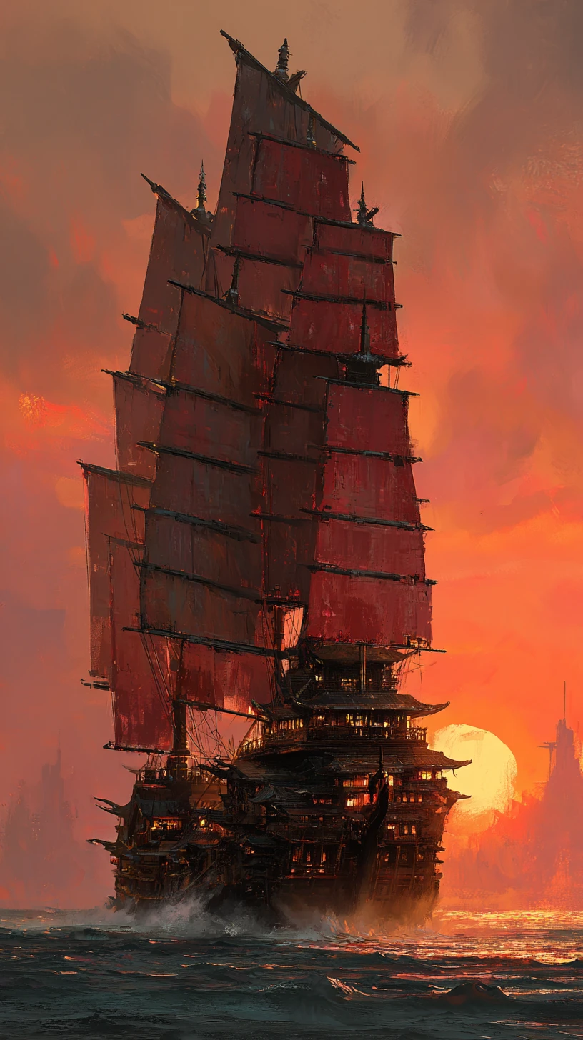Colossal fantasy warship firing cannons on a stormy sea