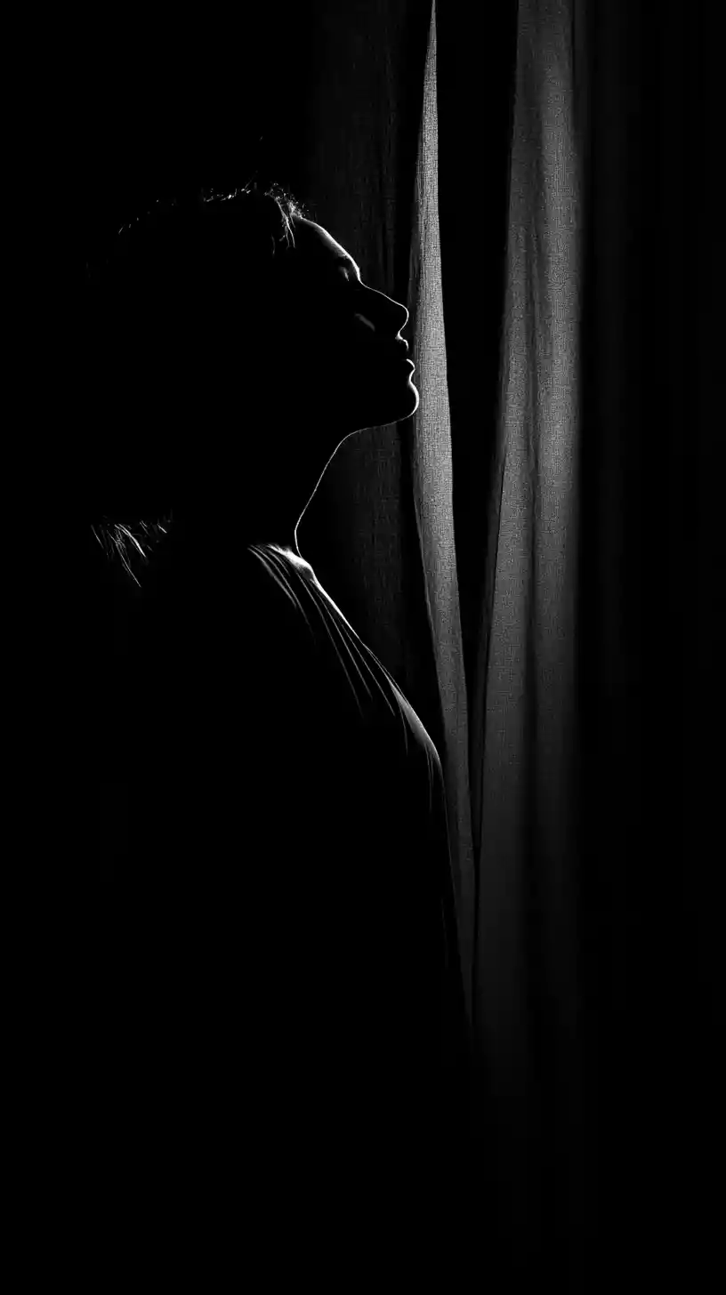 Faint silhouette of a woman emerging from dark background
