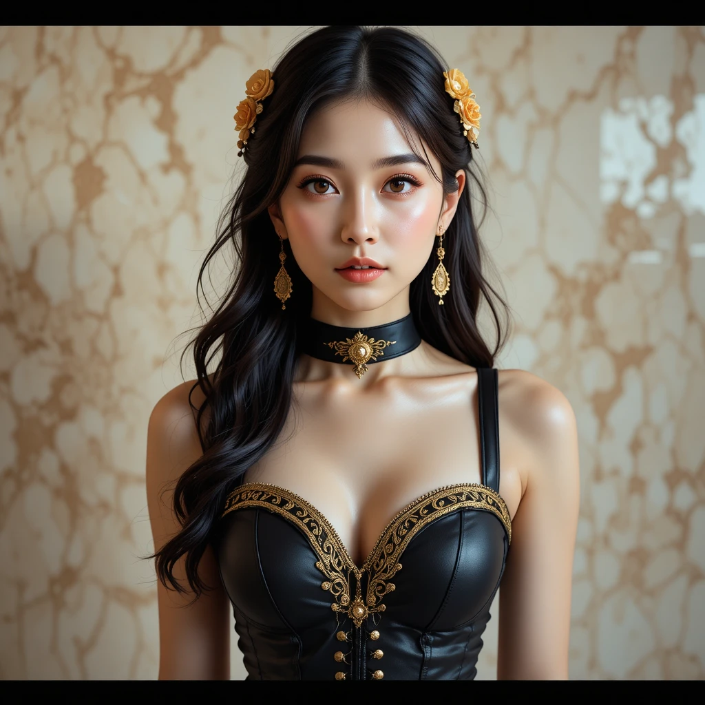 Elegant portrait of a young woman in black and gold corset