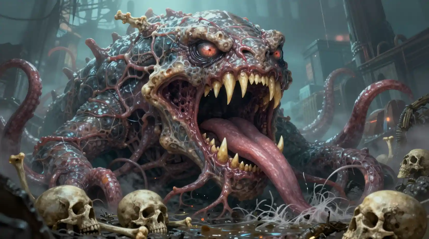 Monstruo grotesco de alcantarilla con fauces tentaculares y calaveras