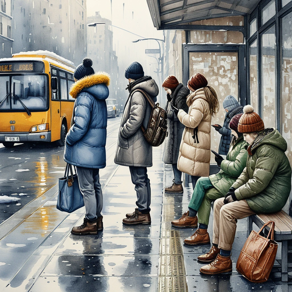 Escena invernal en una parada de autobús urbana con cinco pasajeros esperando