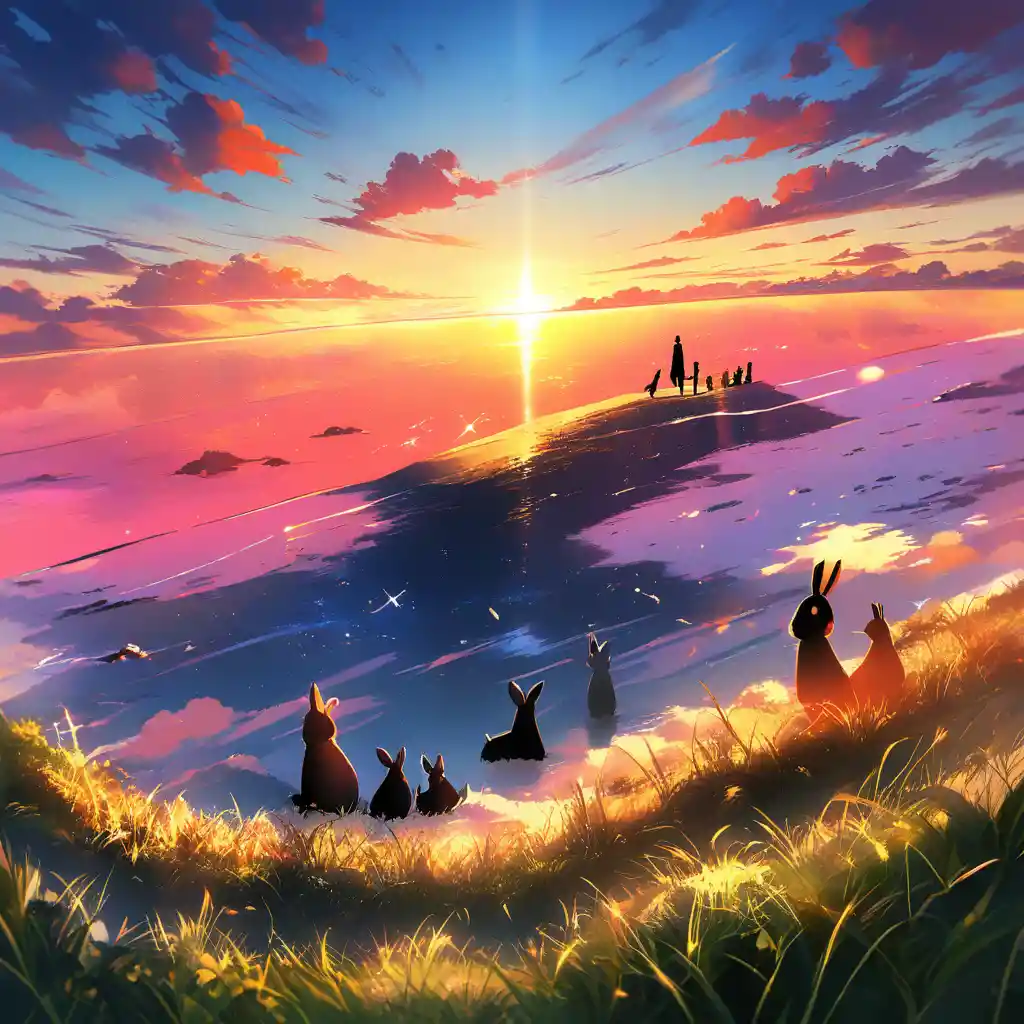 Felt rabbit family walking together toward a glowing sunset
