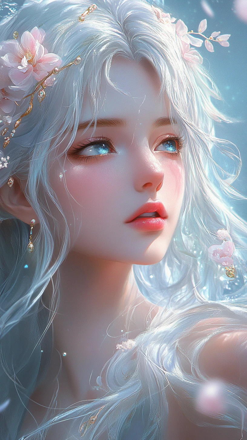 Silver haired fantasy girl with flowers in soft blue glow