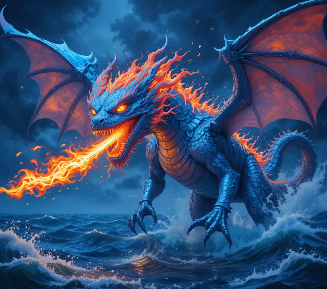 Dragón Azul Escupiendo Fuego Volando Sobre las Aguas del Océano