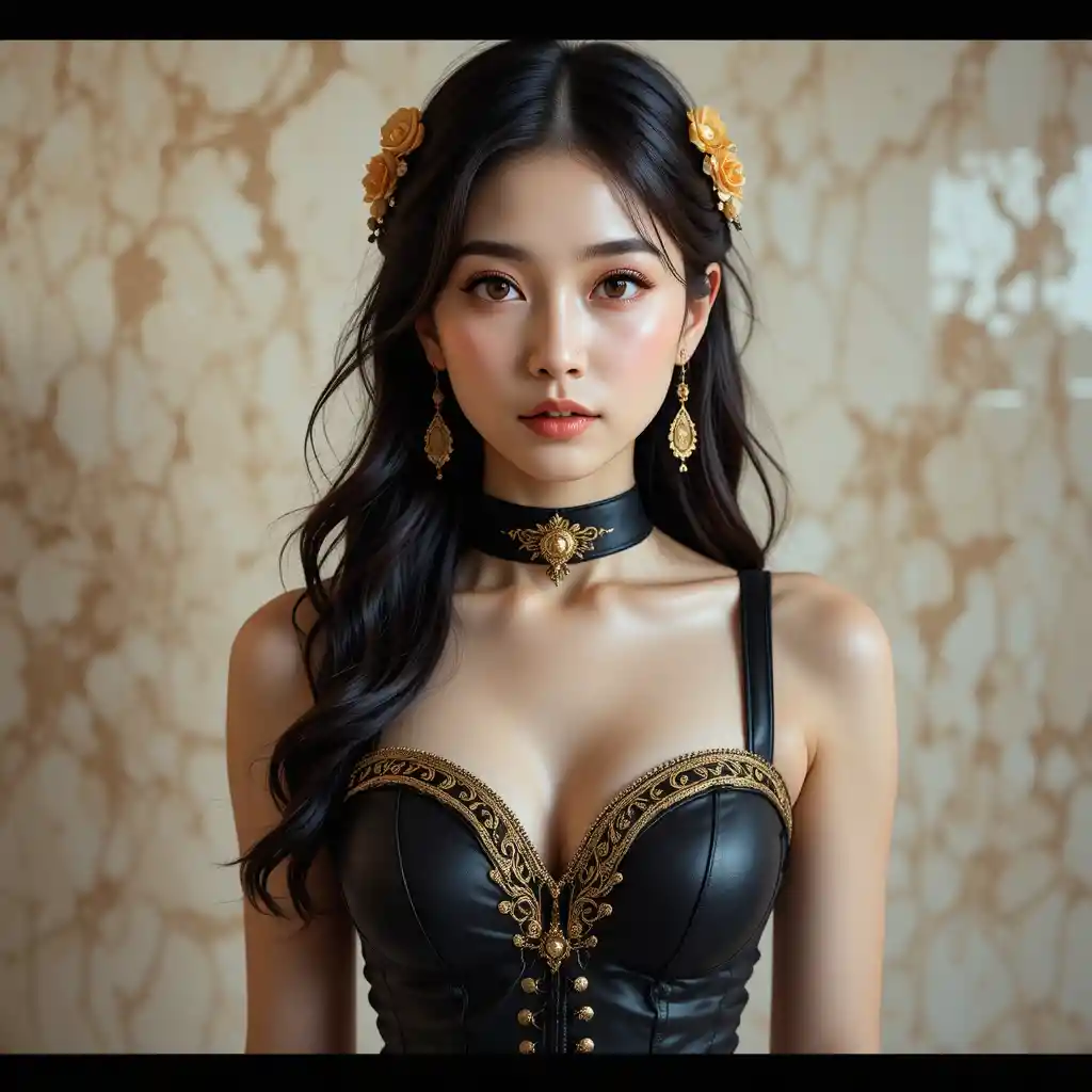 Portrait élégant d’une jeune femme en corset noir et or