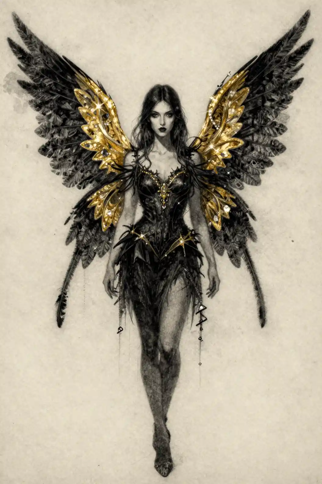 Gothic fairy wings with gold accents on grunge background