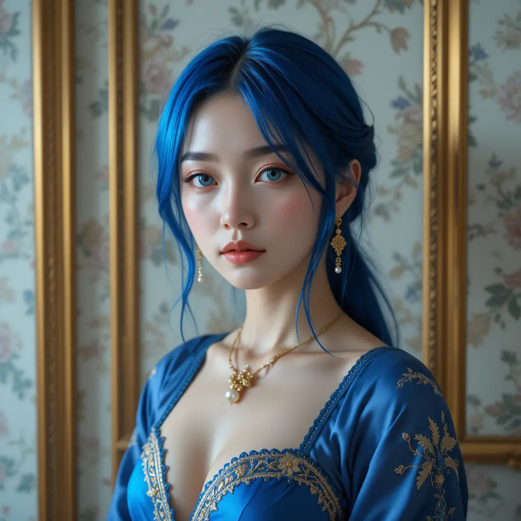 Blue haired young woman in ornate sapphire silk dress