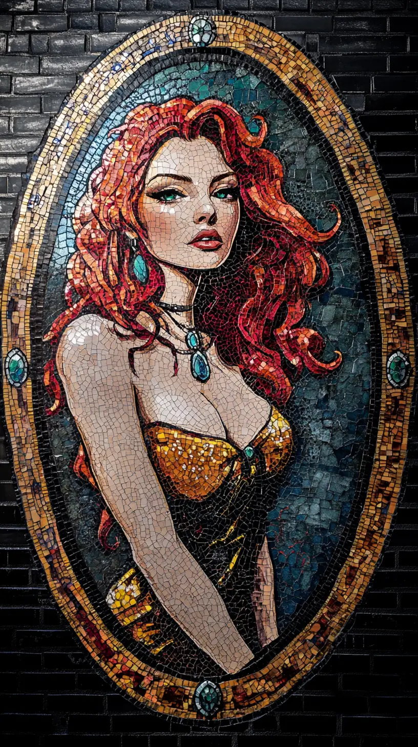 Woman in golden dress at stained glass club doorway