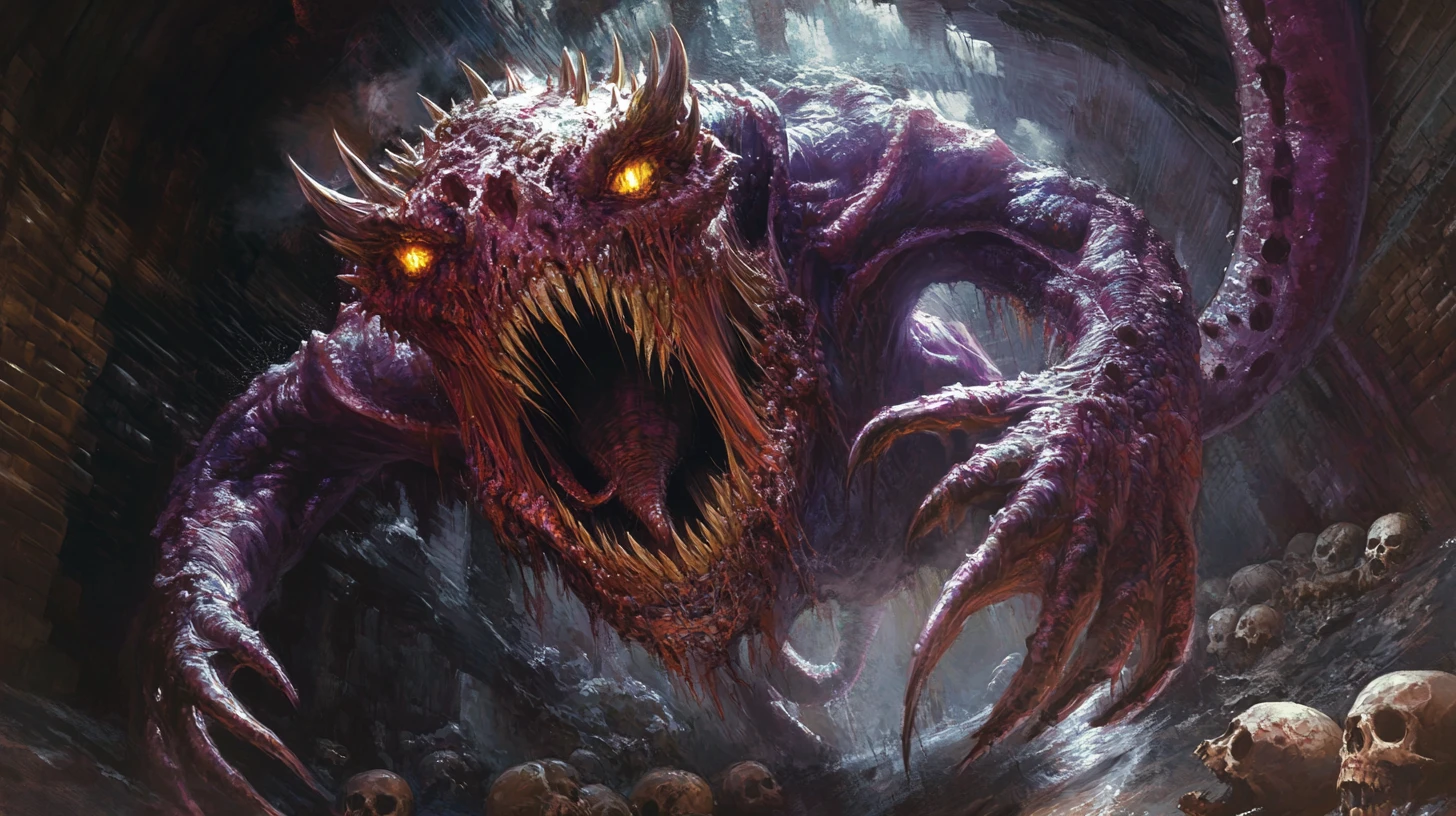 Monstruo grotesco de alcantarilla con enorme fauces y calaveras
