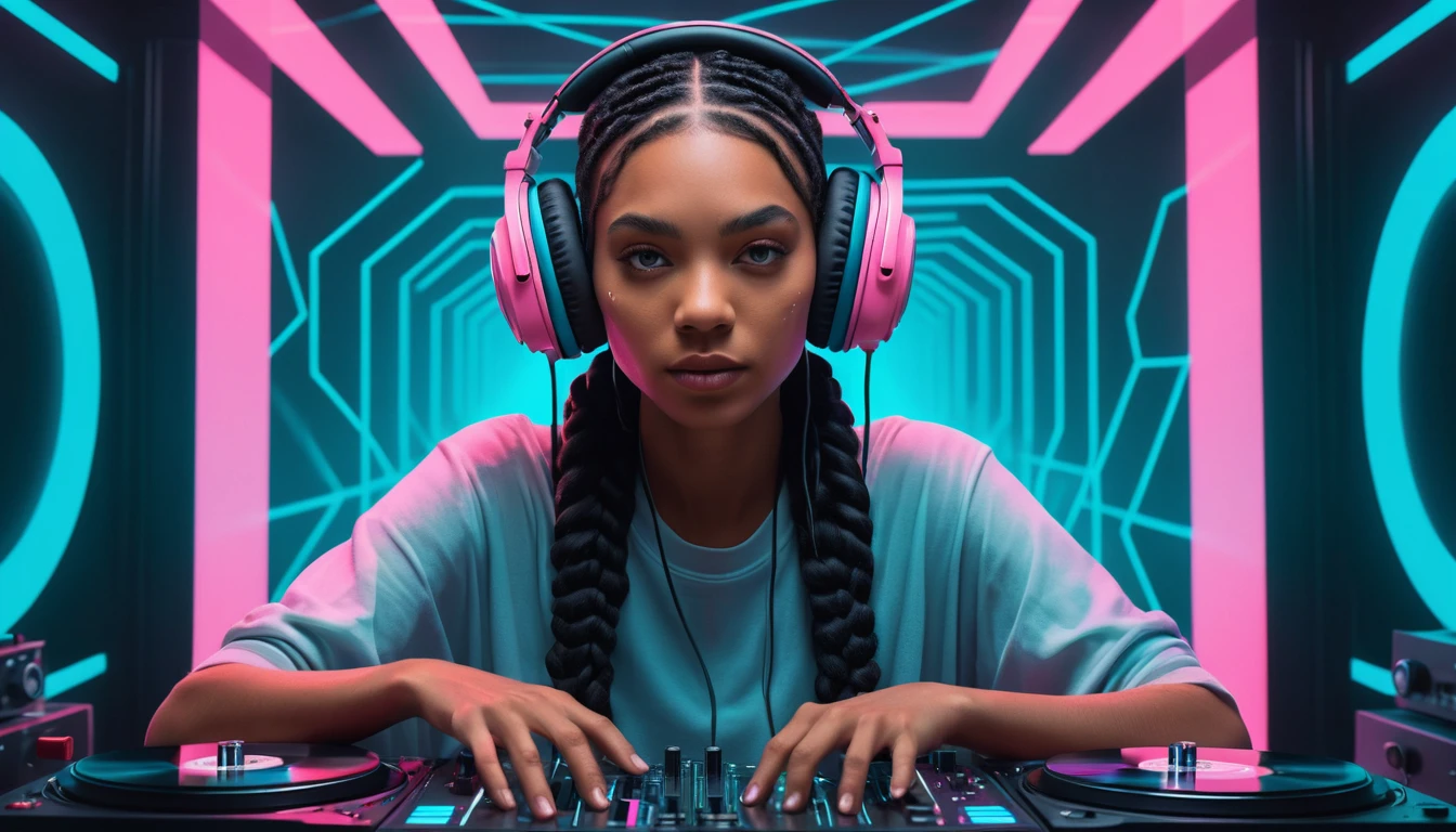 Futuristic female DJ inside glowing cassette tape stage