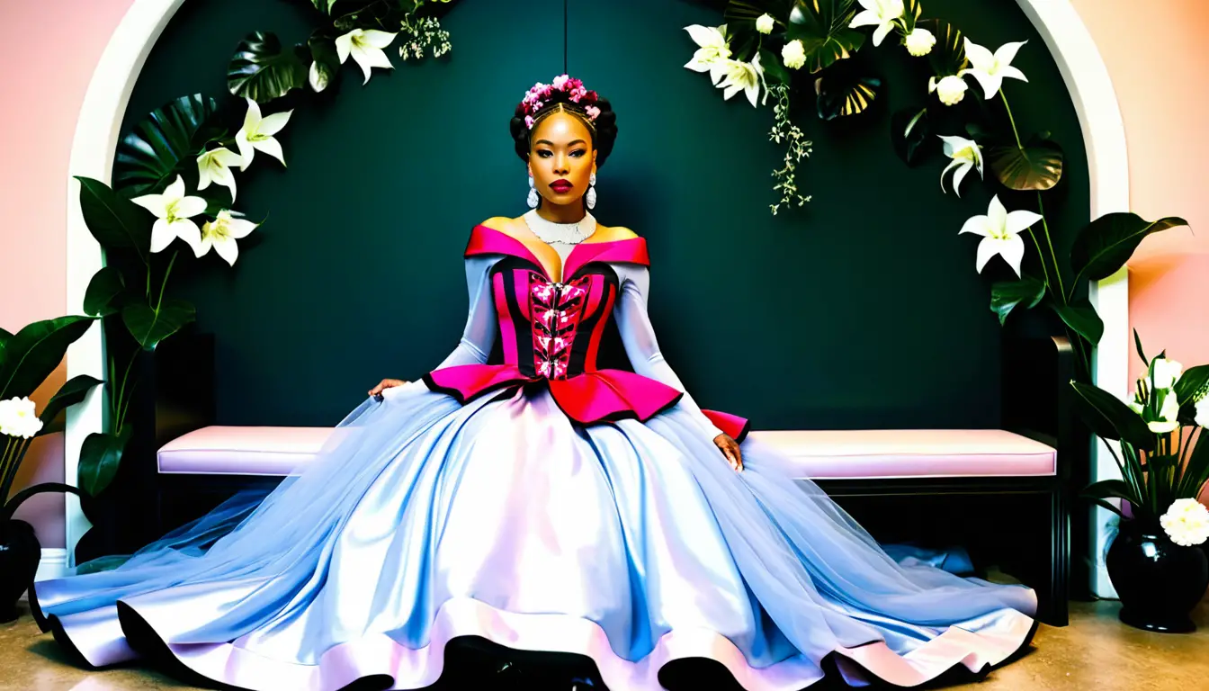 Elegante Frau im floralen Ballkleid in einem Vintage-Interieur