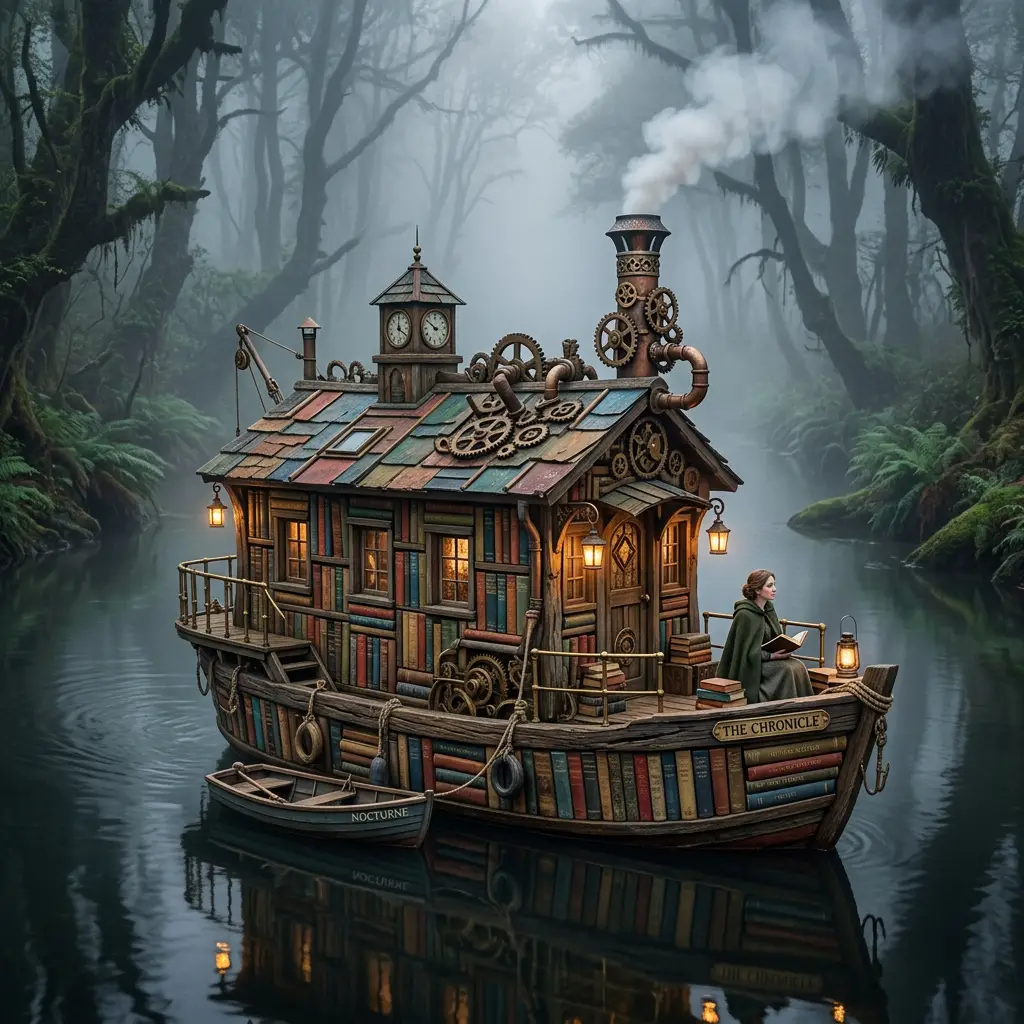Casa-barco steampunk de libros que deriva por un río brumoso