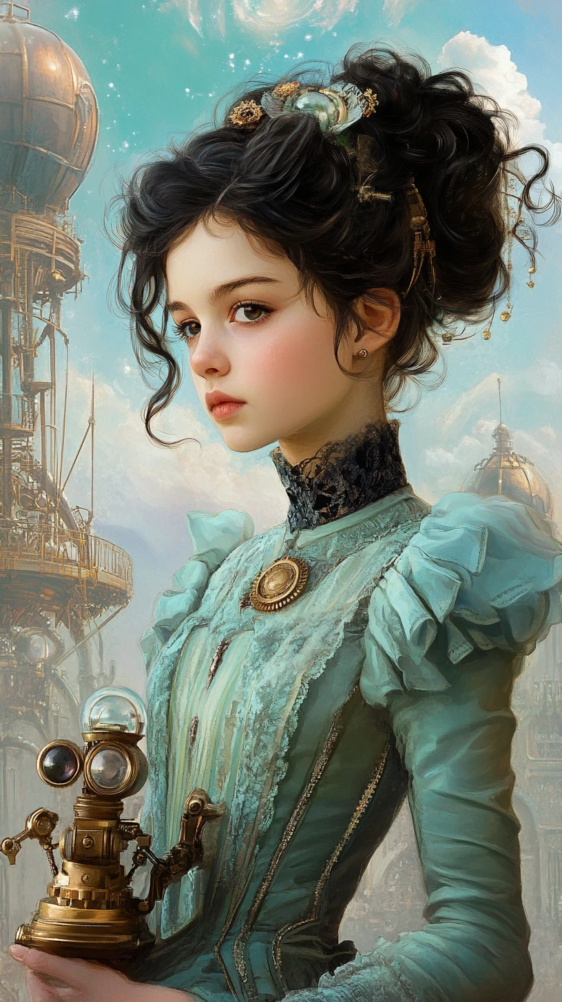 Young girl with toy robot in a steampunk cityscape
