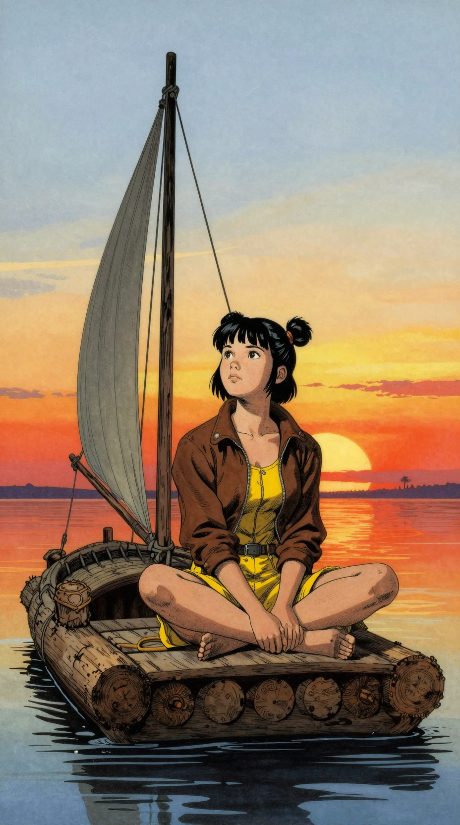 Chica en una pequeña balsa mirando un atardecer lejano
