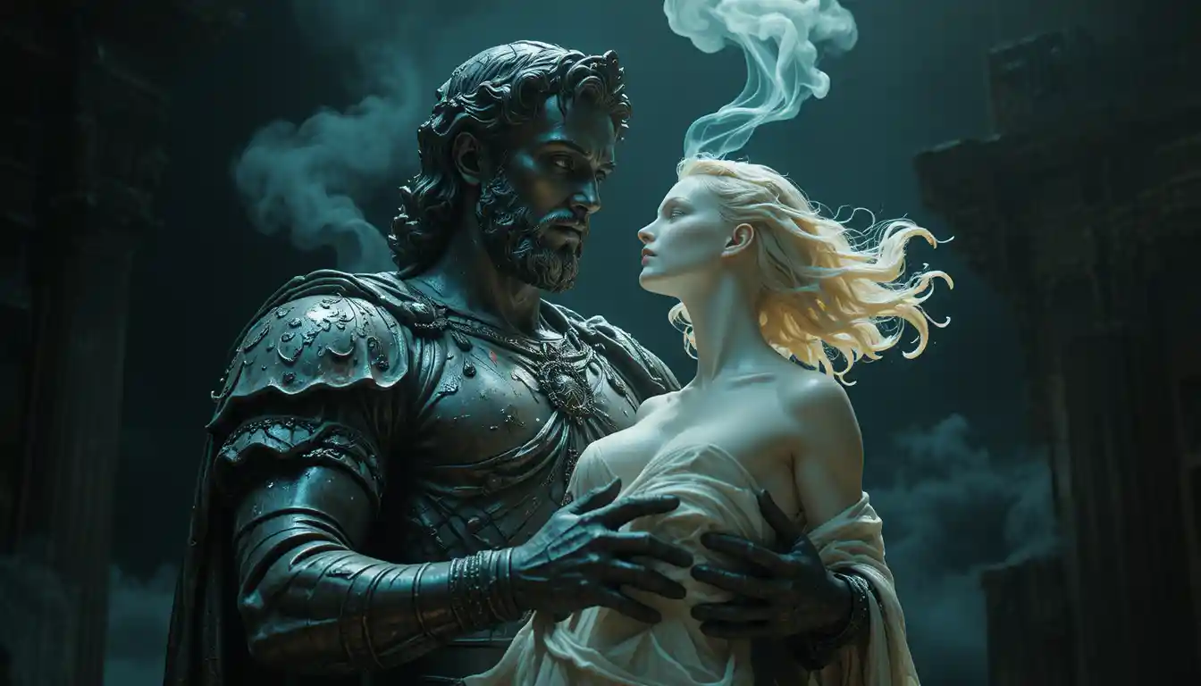Bronze king statue holding ethereal alabaster woman close