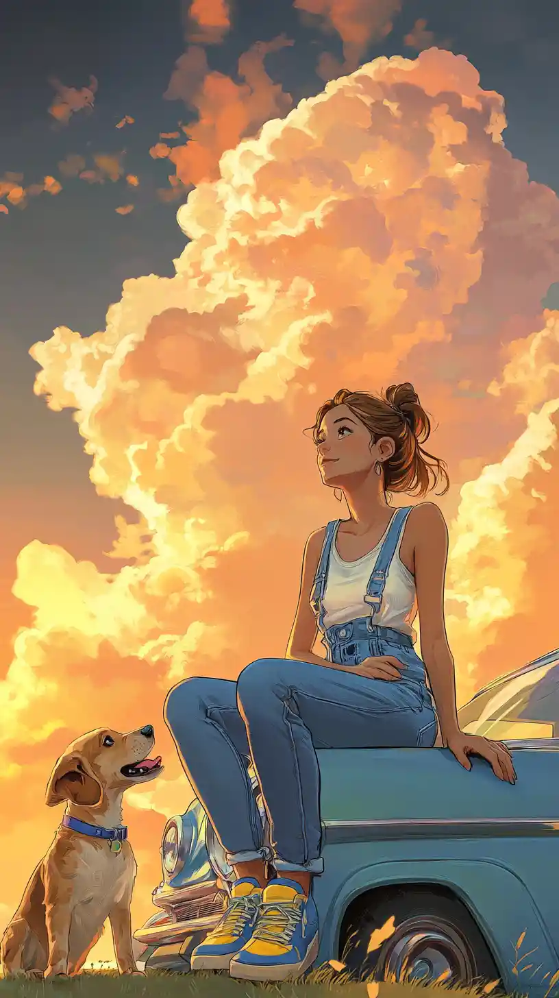 Anime girl and dog on vintage car at sunset field