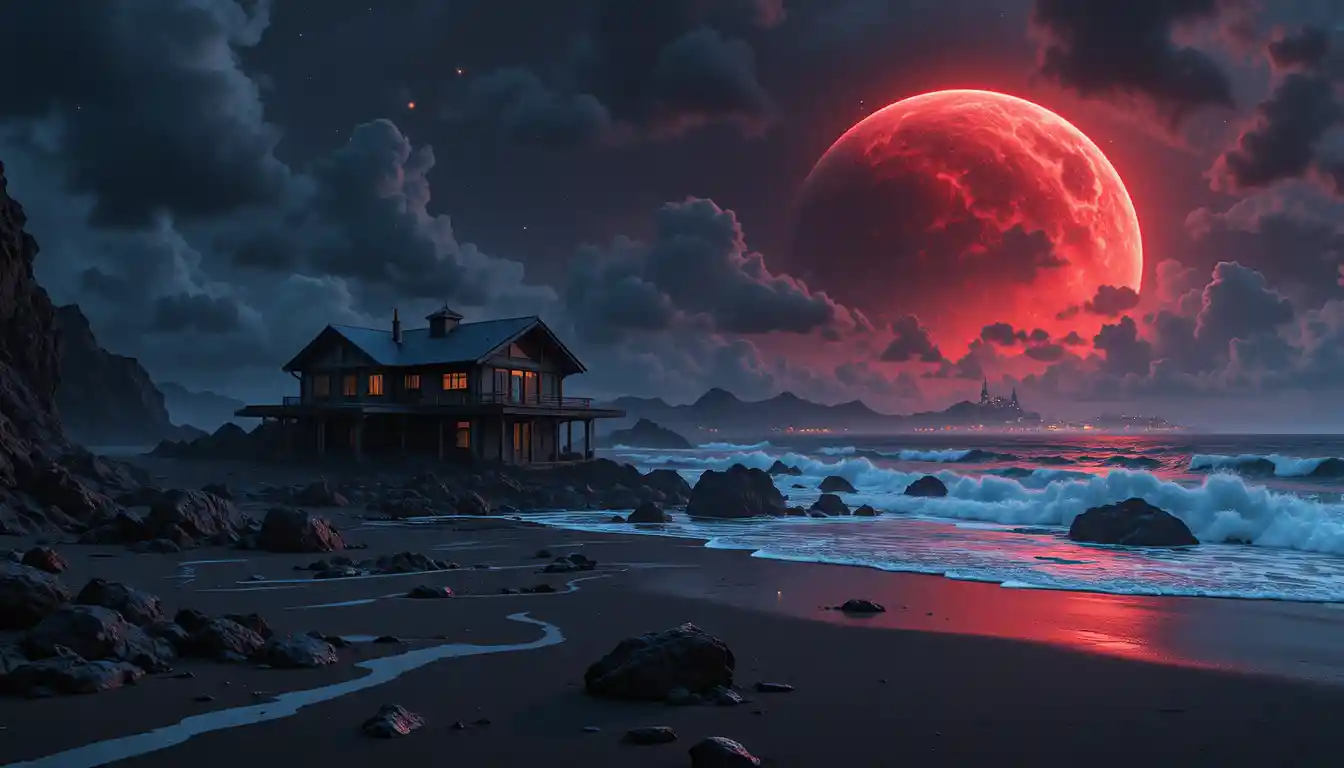 Casa futuristica su spiaggia aliena di sabbia nera di notte