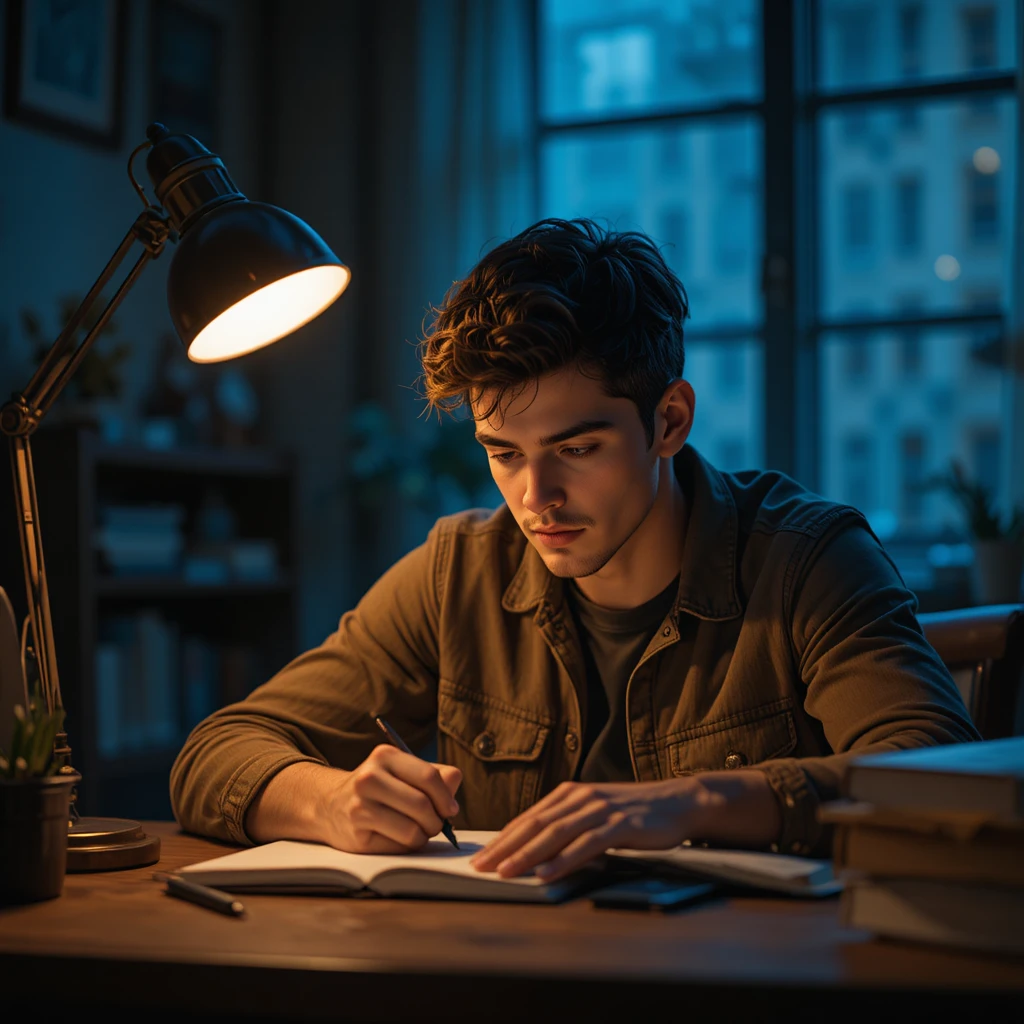 Giovane che studia fino a tardi sotto una calda lampada da scrivania