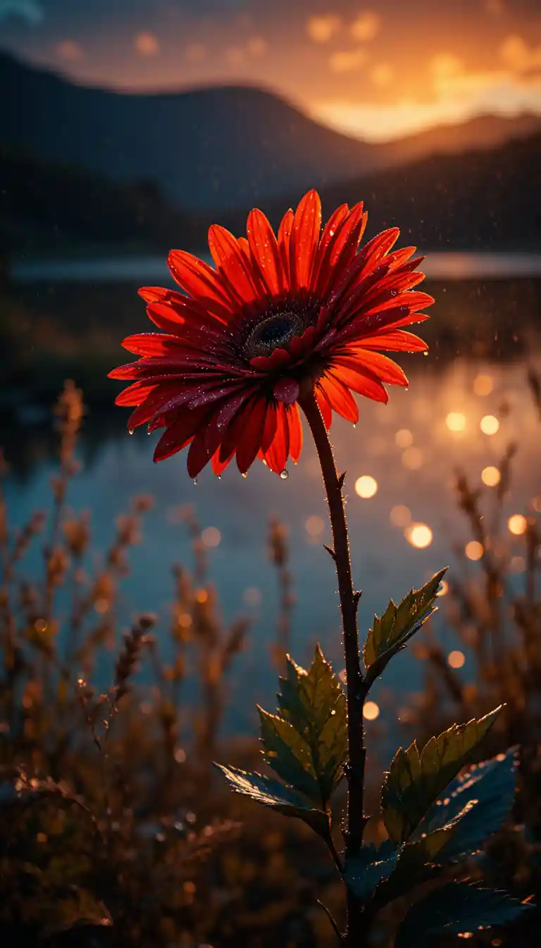 Gegenlichtblume über ruhigem See im goldenen Sonnenuntergang
