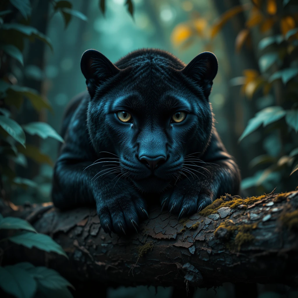 Close up portrait of black panther in shadowy forest
