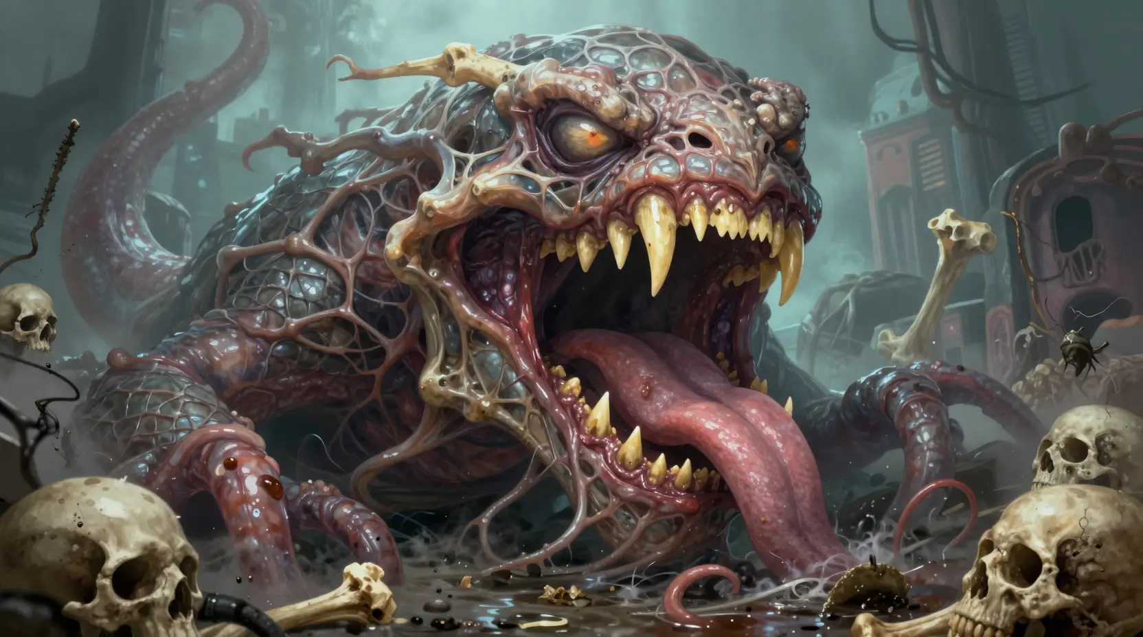 Monstruo grotesco de alcantarilla con enorme fauce y dientes serrados