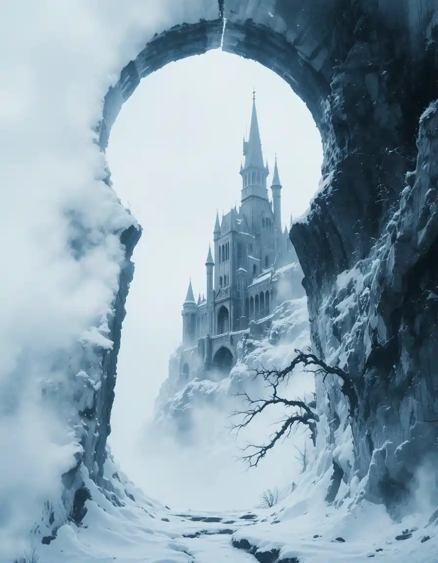 Gothic castle in a keyhole silhouette amid a blizzard