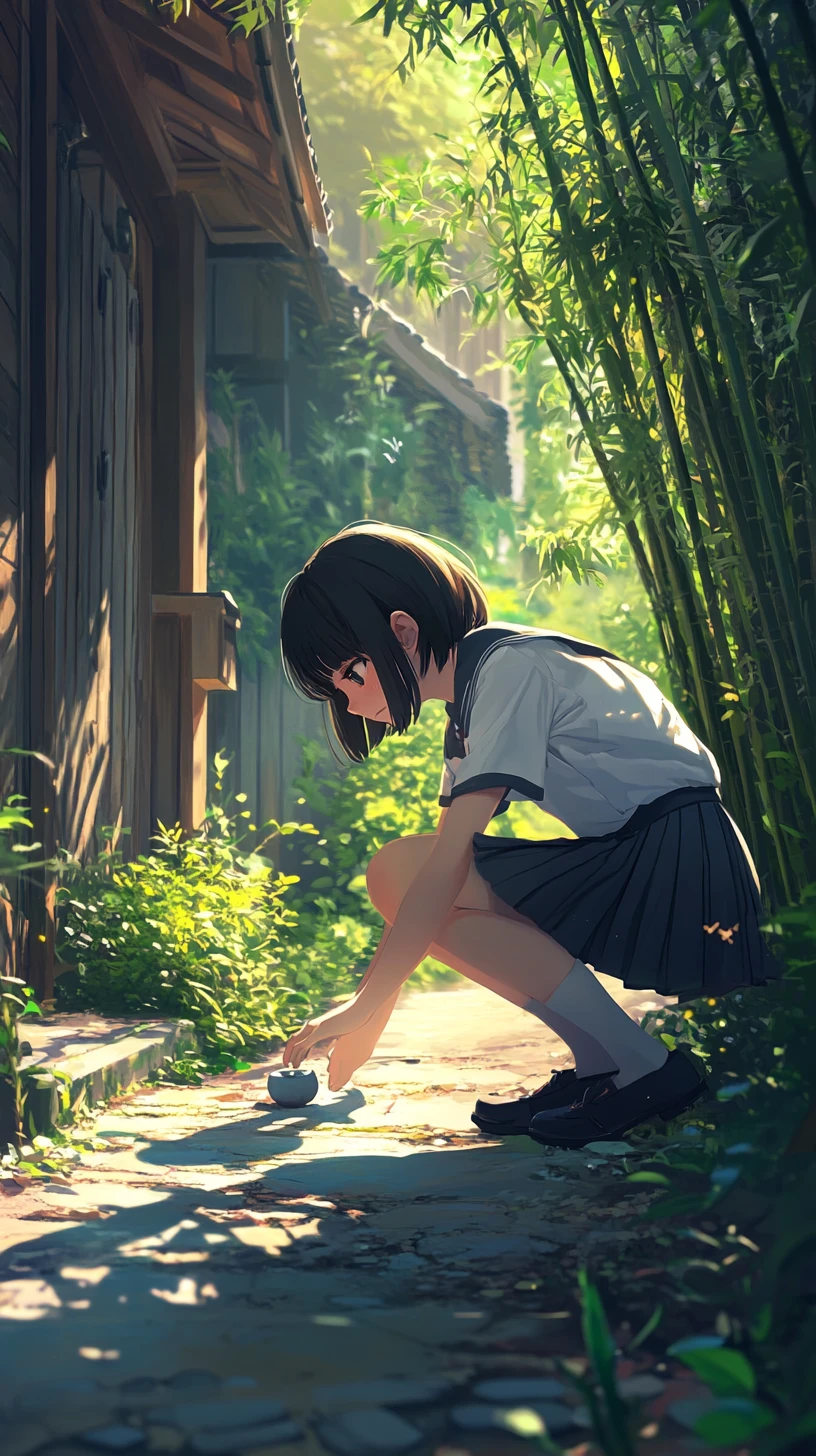 Escolar de anime en sendero de bambú junto a una casa japonesa tradicional