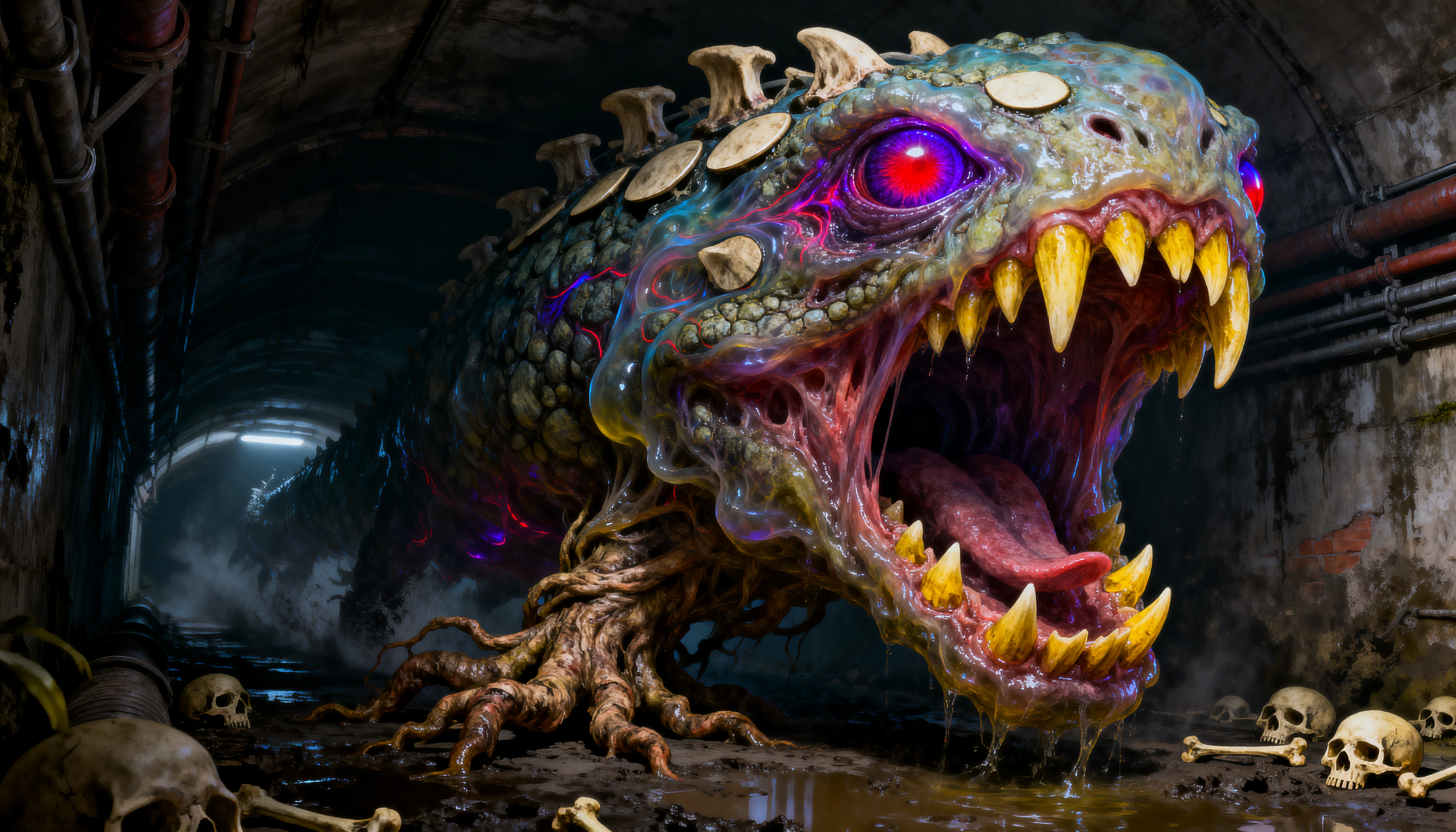 Monstruo grotesco de alcantarilla con fauces abiertas y dientes afilados
