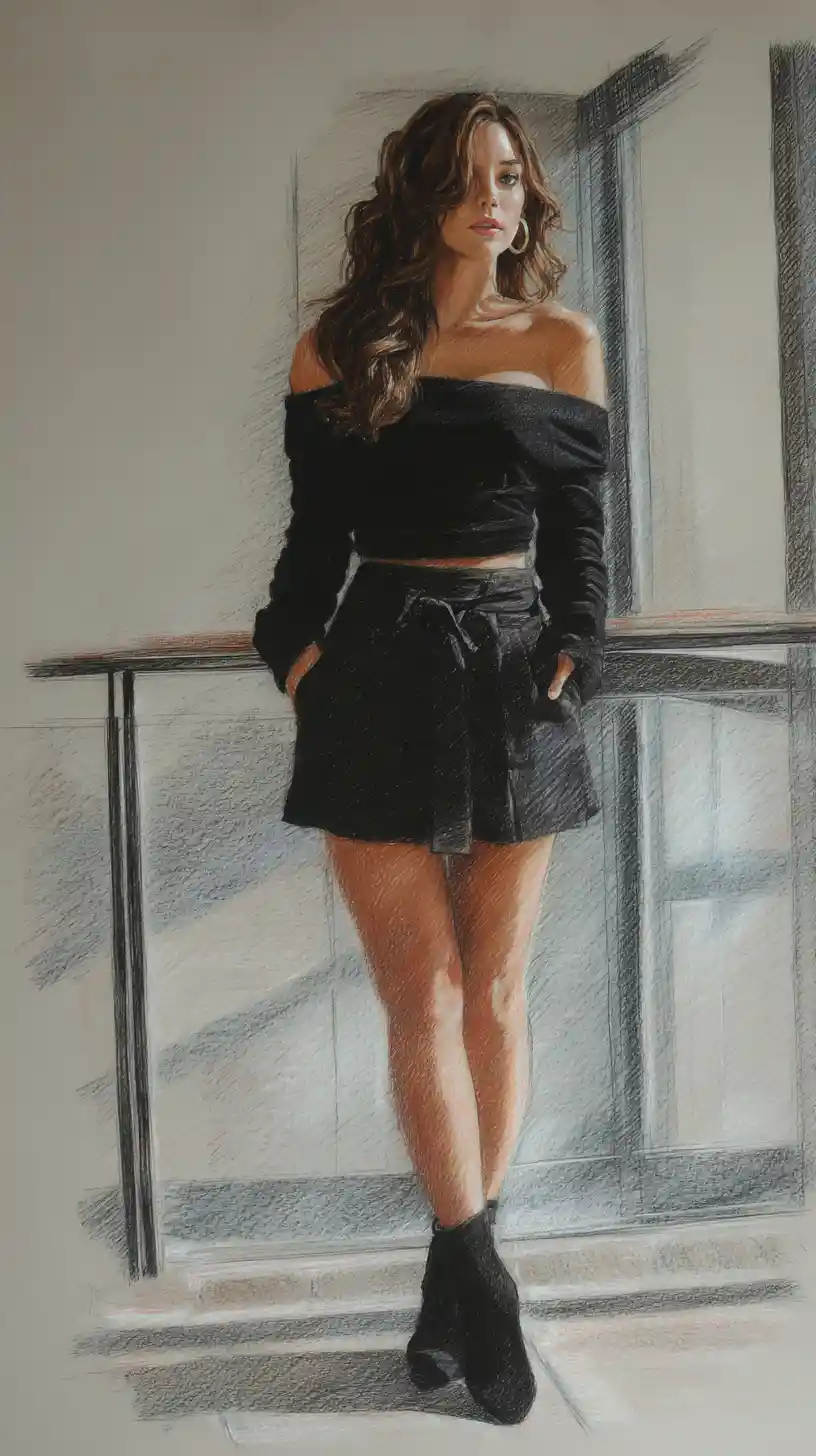 Graphite full body drawing of woman in modern living room
