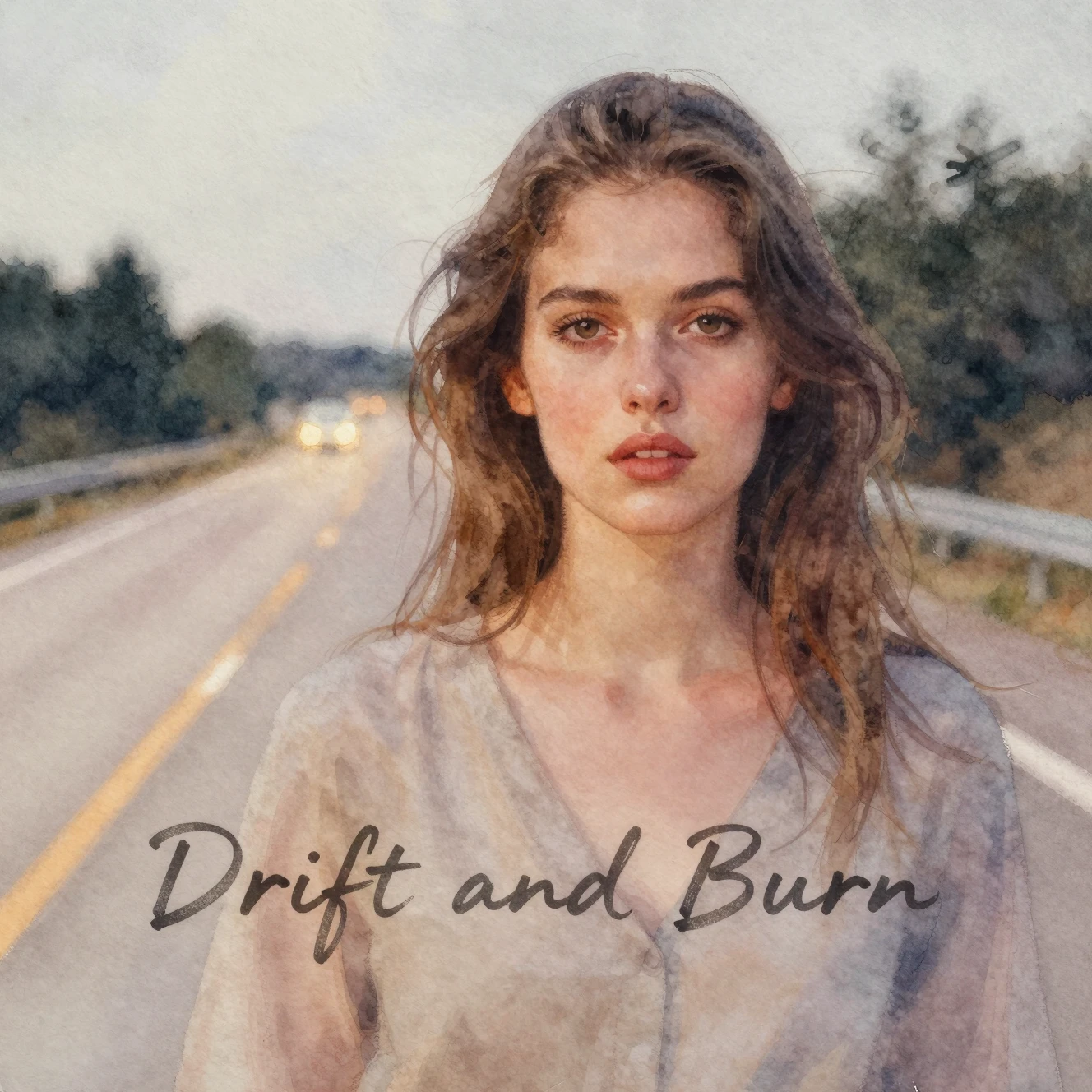 Watercolor close up of a young woman in dashboard light