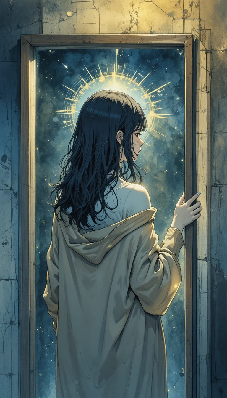 Ragazza anime davanti allo specchio in un interno tranquillo di notte