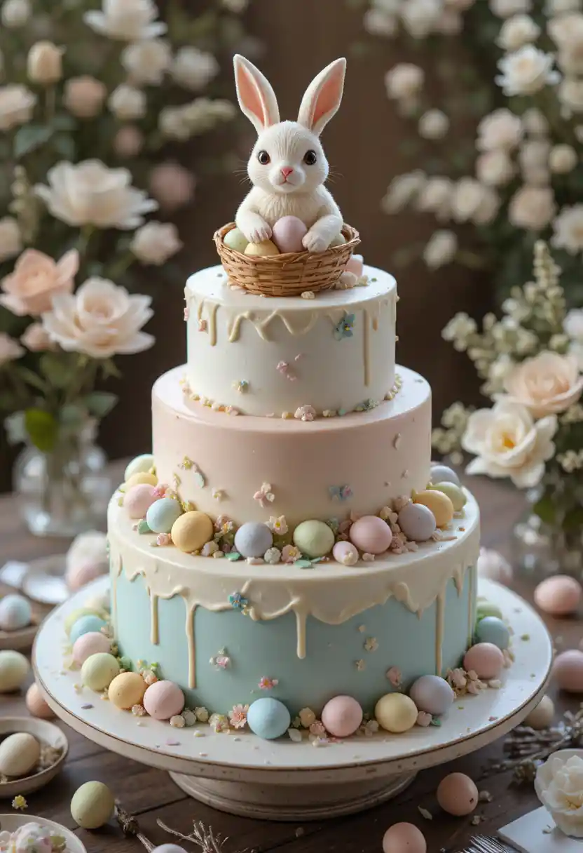 Elegante pastel de Pascua de tres pisos con figura de conejo